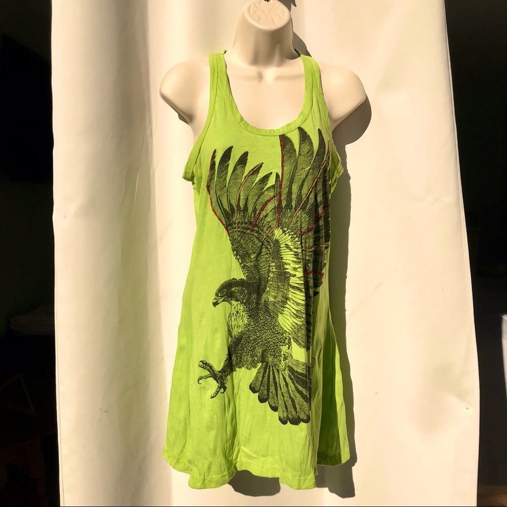 Sure, green cotton crinkle tank dress with eagle. Small. 100% cotton.